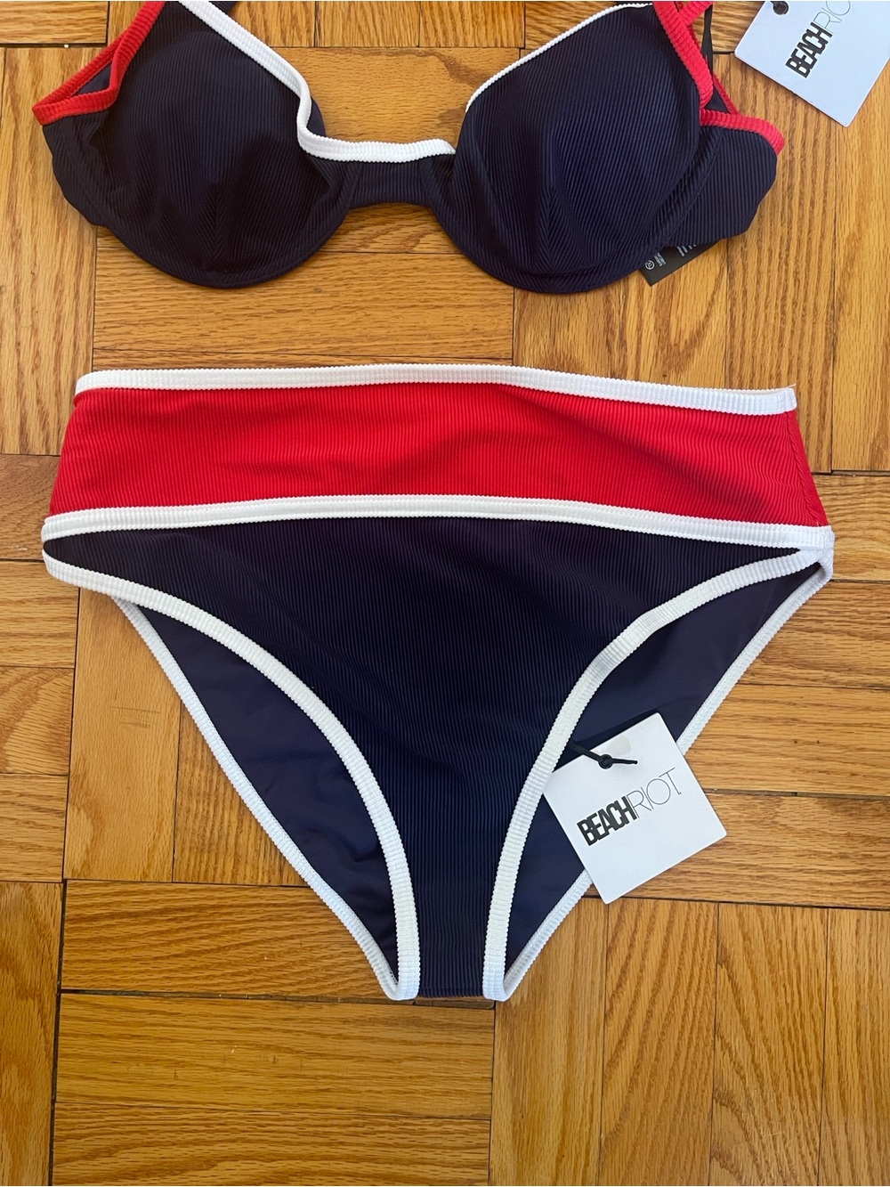 Anthropologie Beach Riot Kori Navy & Red Ribbed High-Waist Bikini Set - Picture 6 of 9